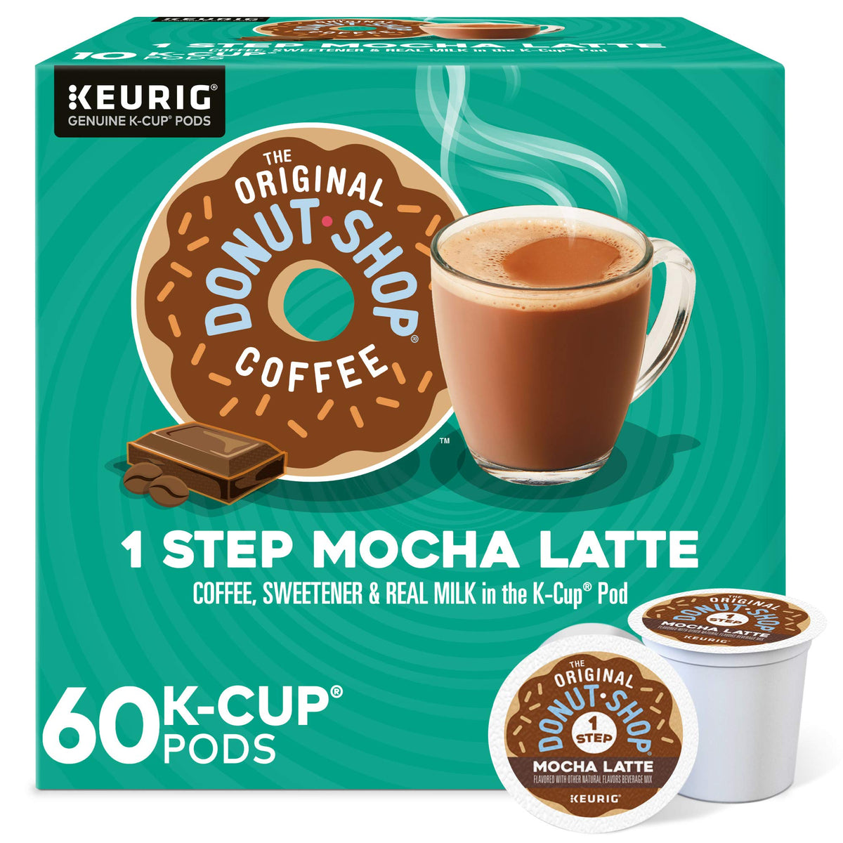 The Original Donut Shop front packaging showing mocha pods and product benefits