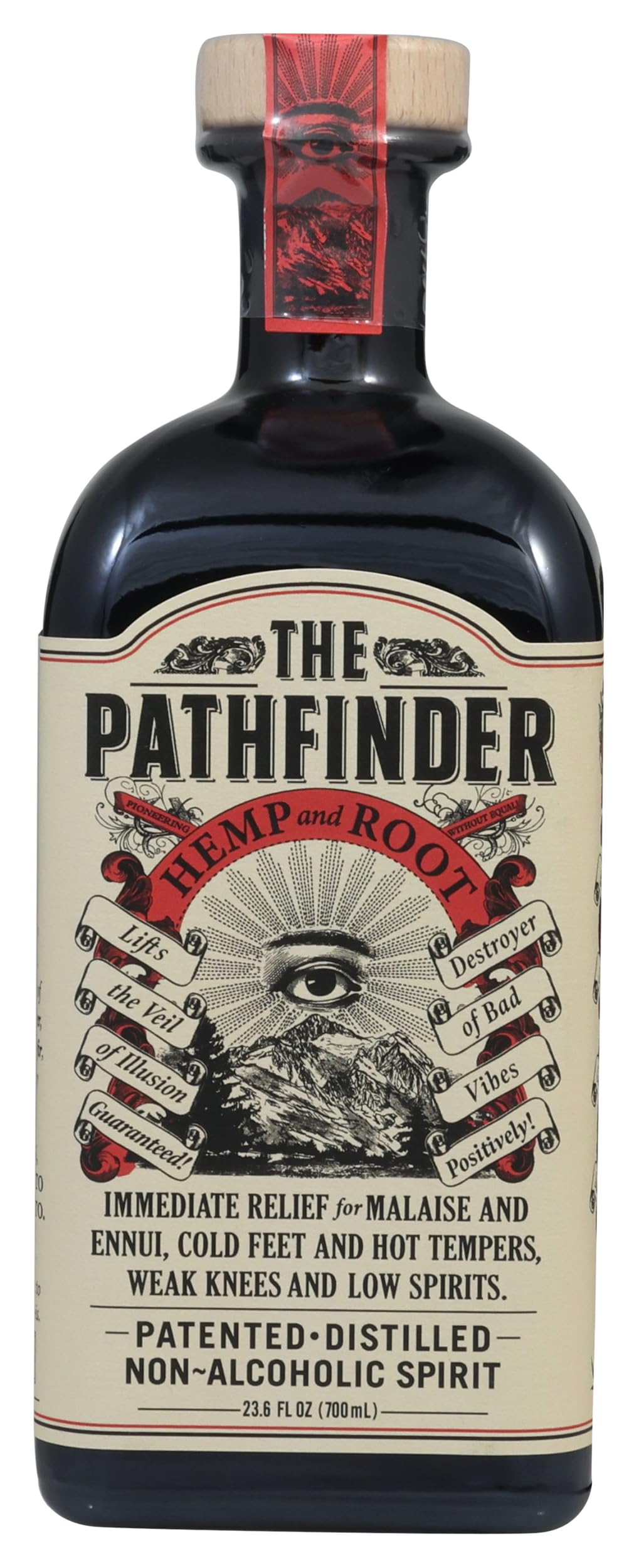 The Pathfinder bottle front view showing label clarity and non-alc mixer benefit