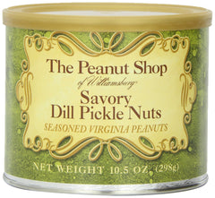 The Peanut Shop of Williamsburg close-up of extra-large dill pickle peanuts highlighting crunchy texture and bold flavor