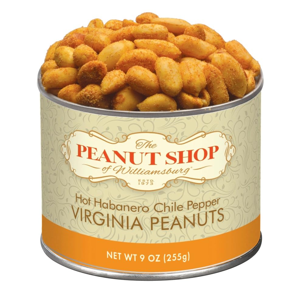 The Peanut Shop of Williamsburg front tin showing spicy habanero peanuts and gift-ready packaging