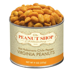 The Peanut Shop of Williamsburg front tin showing spicy habanero peanuts and gift-ready packaging