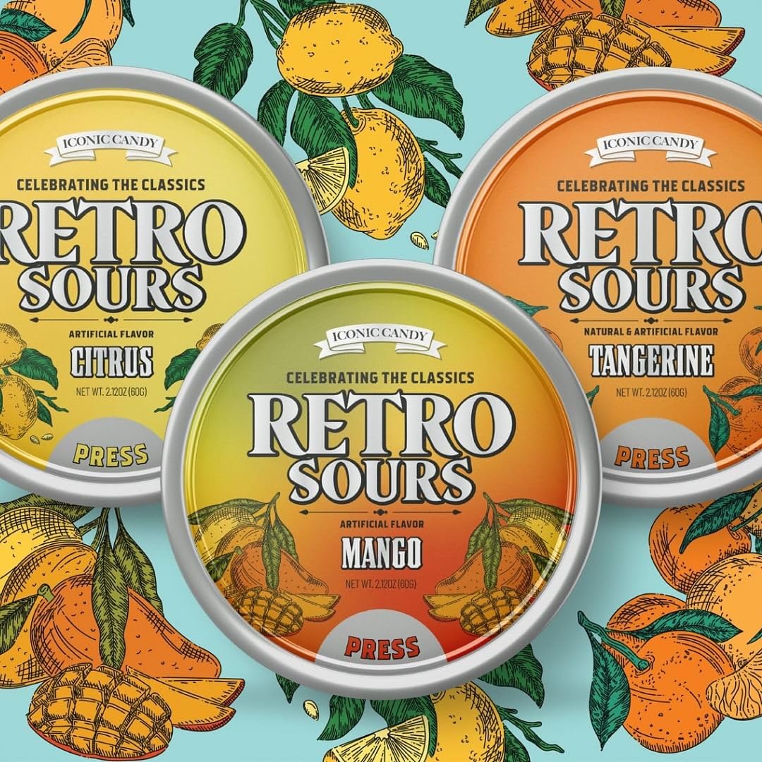 The Penny Candy Store front-view tins showing three fruity sour flavors and easy sharing