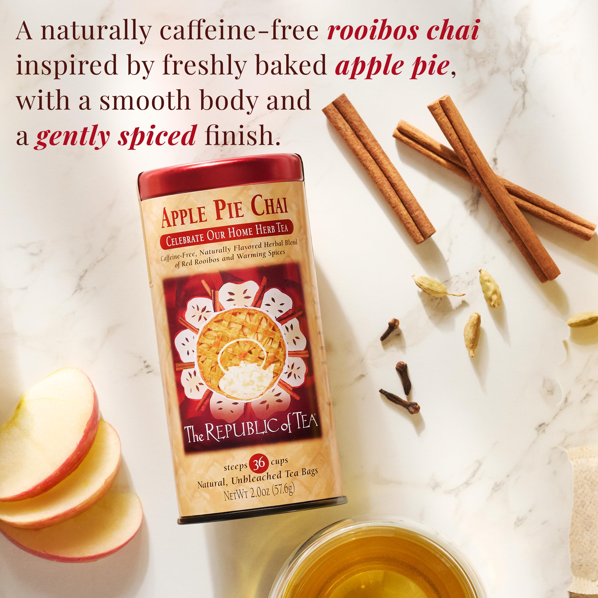 The Republic of Tea poured cup steaming to show comforting warmth