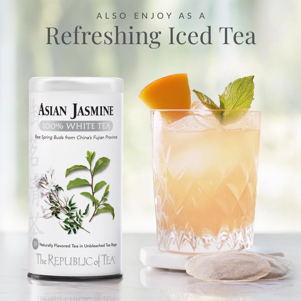 The Republic of Tea brewed cup emitting jasmine fragrance for a calming sip