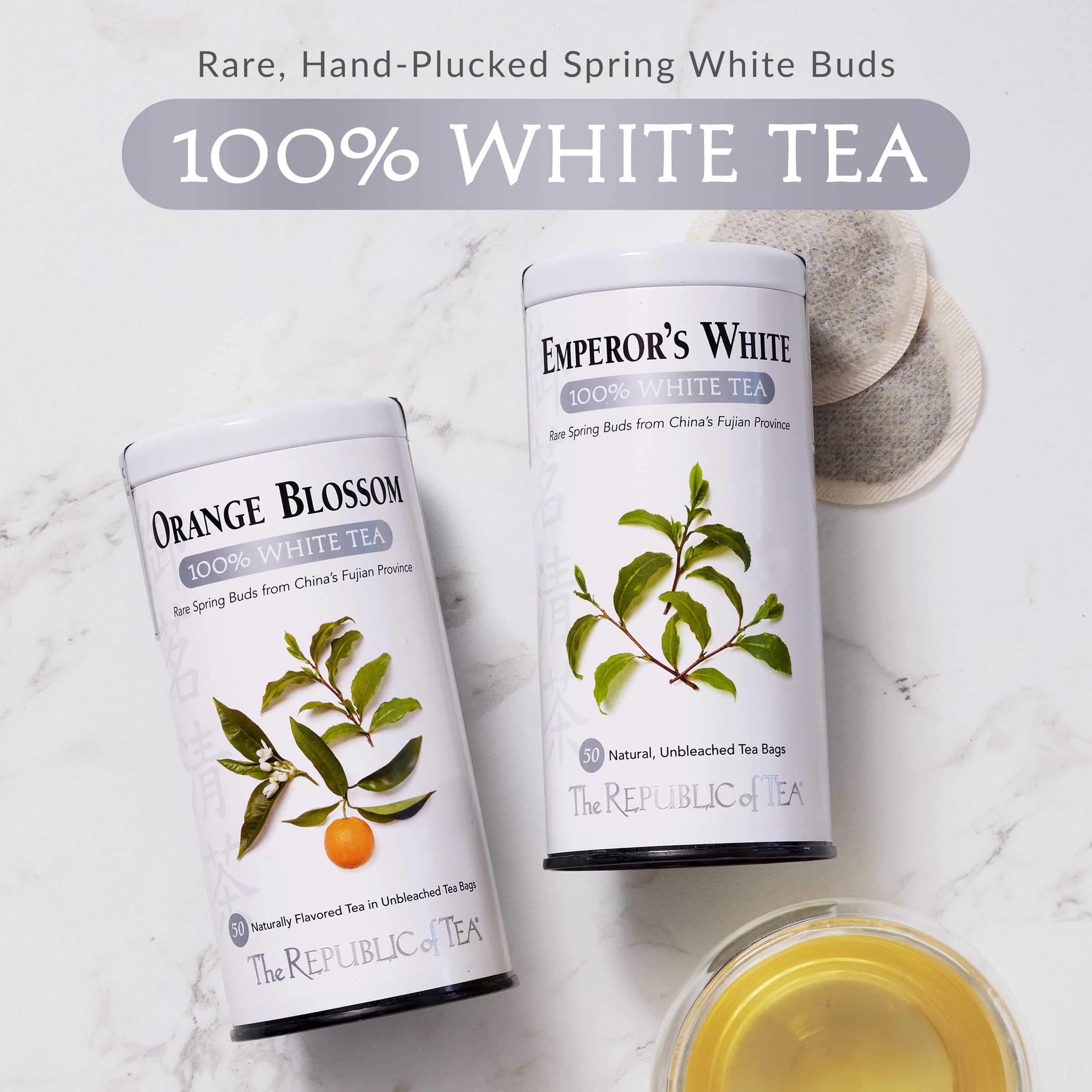 The Republic of Tea tea bag beside a measuring spoon to show serving size