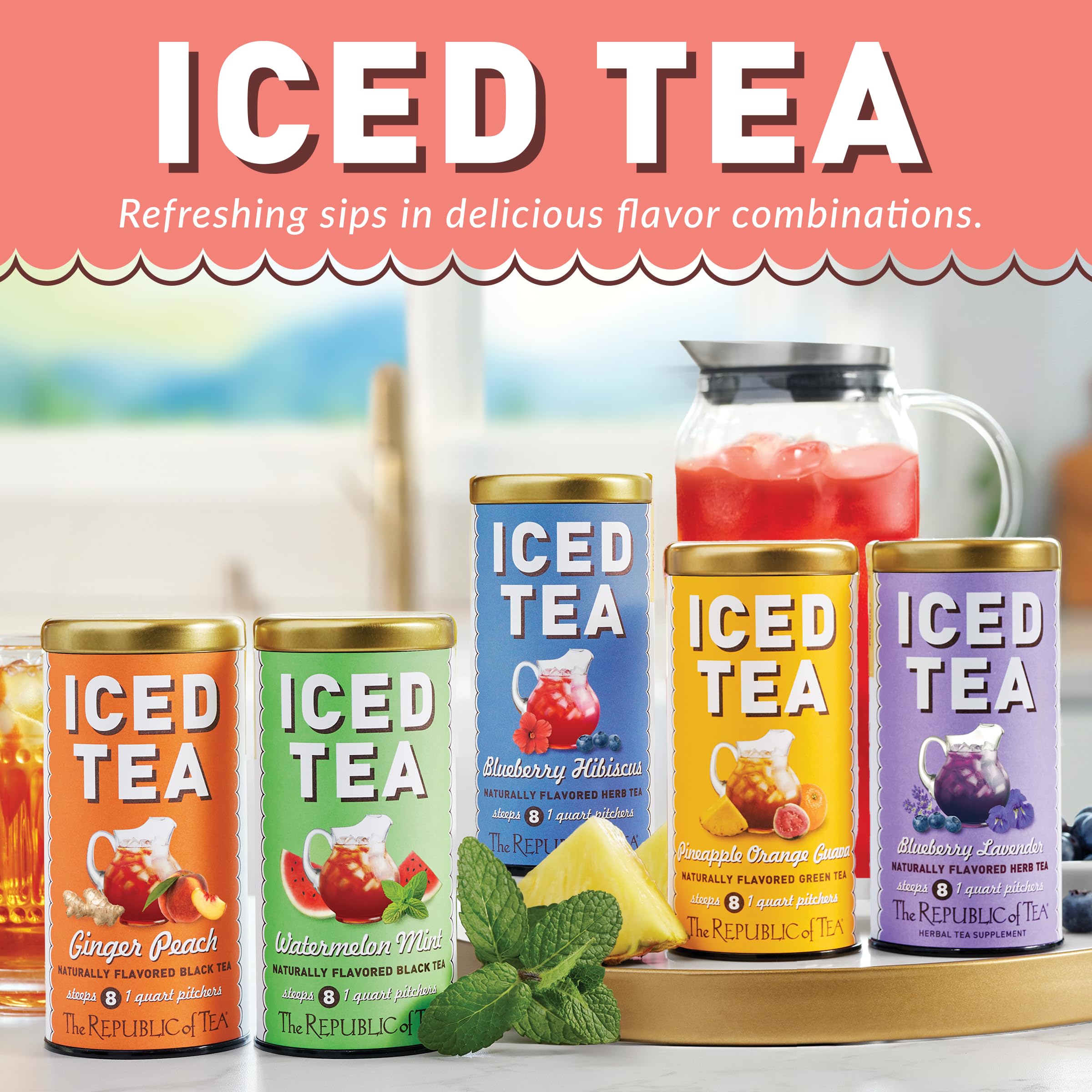 The Republic of Tea multiple pouches arranged for a party showing batch-prep convenience