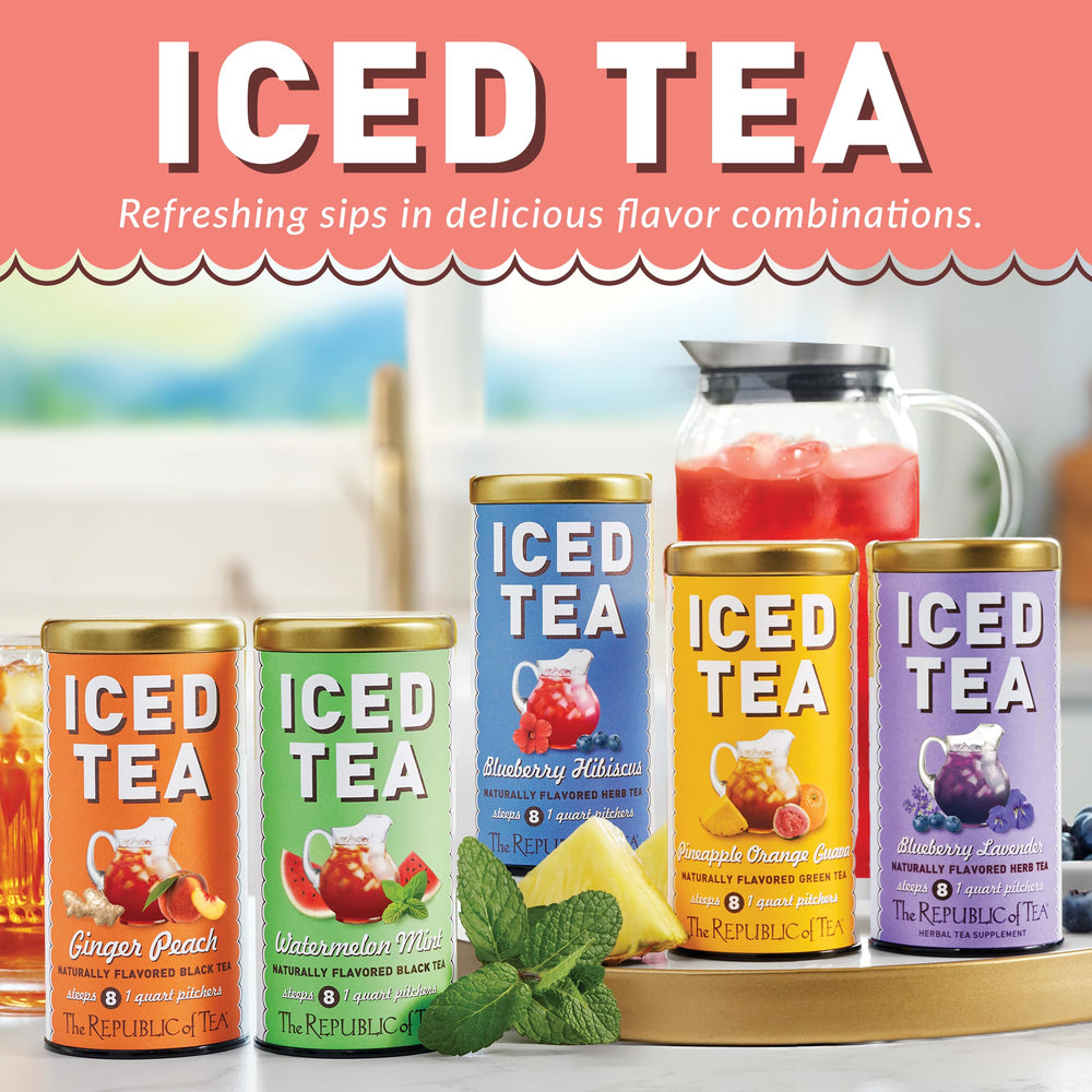 The Republic of Tea multiple pouches arranged for a party showing batch-prep convenience