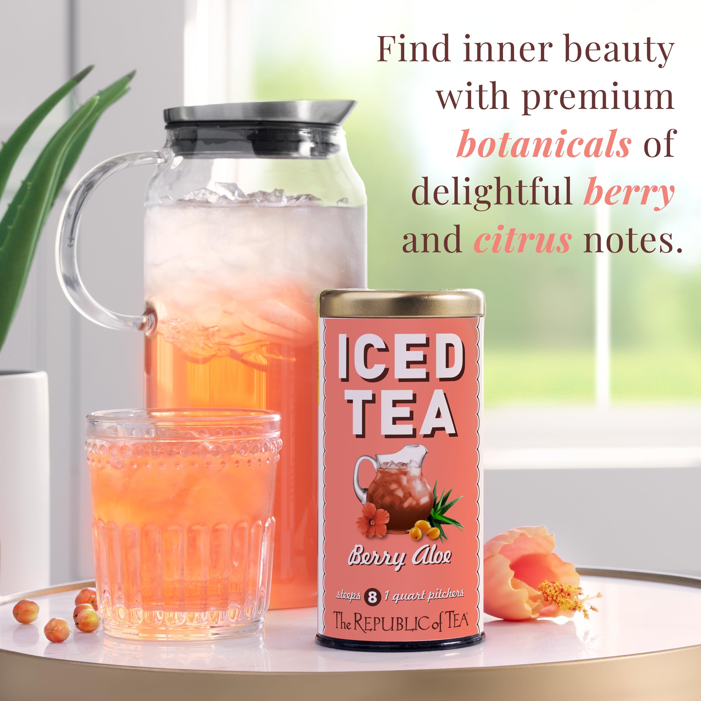 The Republic of Tea mix of dried apple, hibiscus and sea buckthorn showing botanical variety
