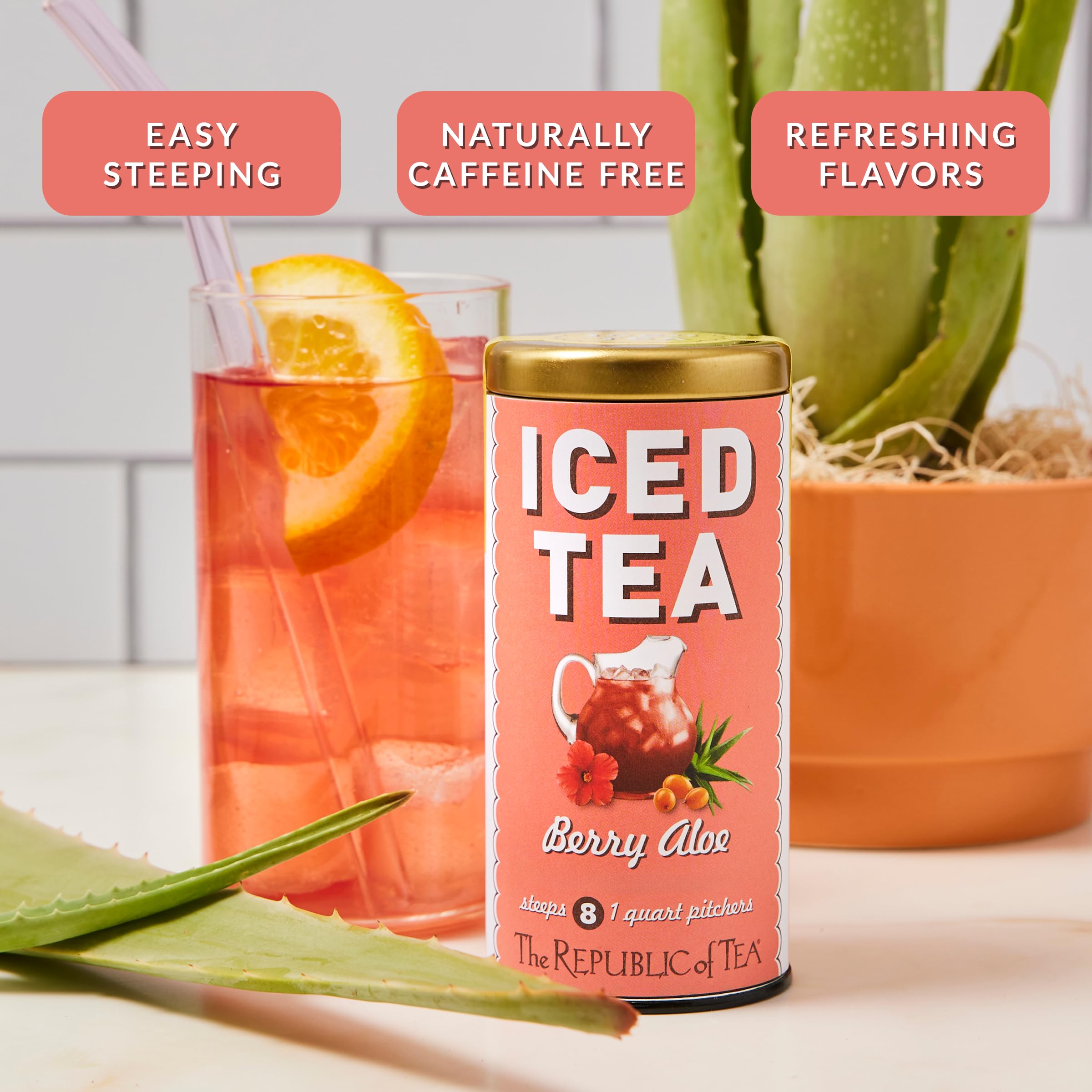 The Republic of Tea glass of coral-hued iced tea demonstrating vibrant color and refreshment
