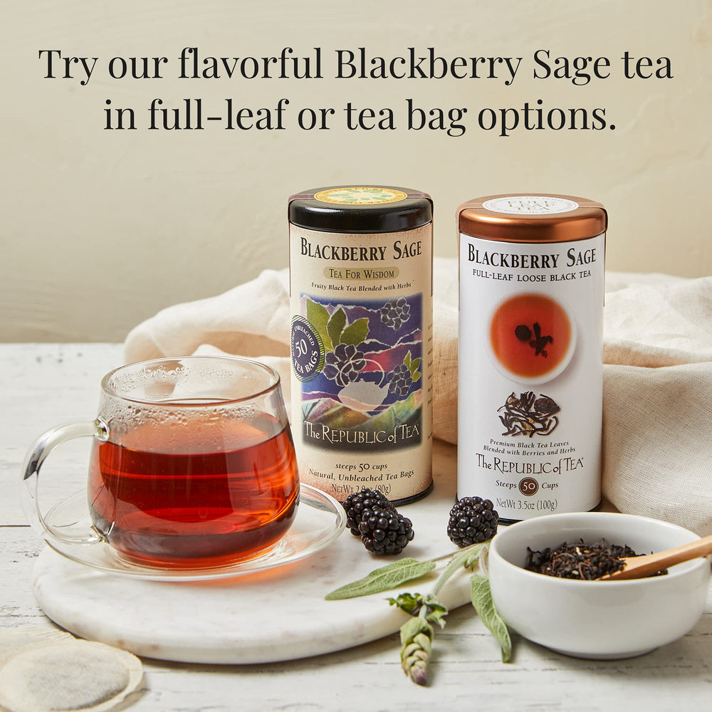 Morning table setting with The Republic of Tea cup and refill bag for a soothing routine