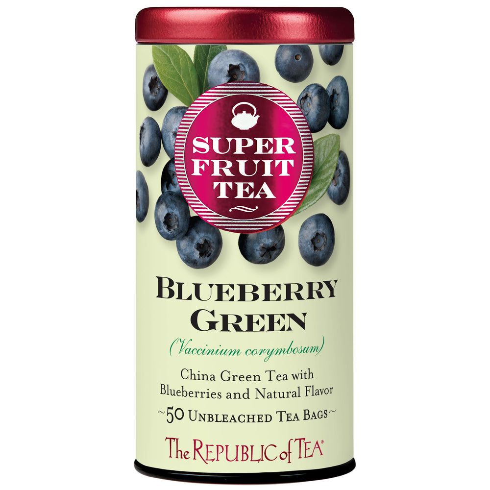 The Republic of Tea front packaging showing blueberry green tea benefits