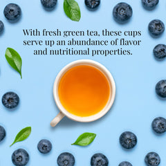 The Republic of Tea loose green tea leaves with blueberries highlighting natural ingredients