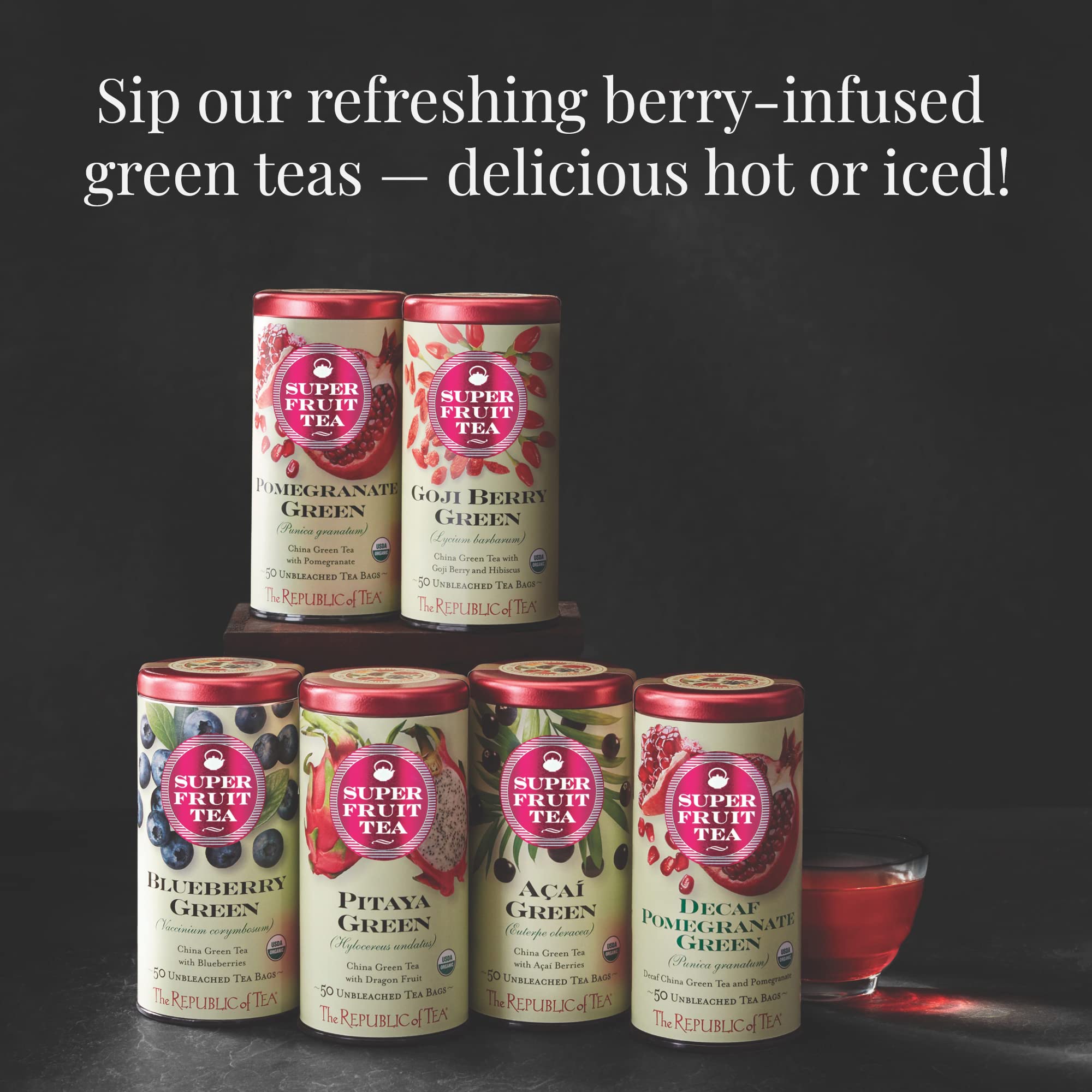 The Republic of Tea box beside a teacup to show 50-count size and portability