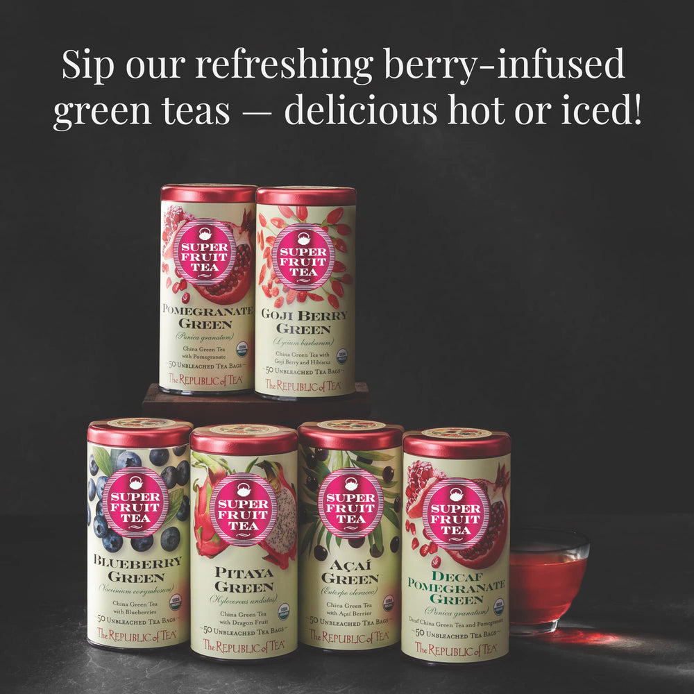 The Republic of Tea box beside a teacup to show 50-count size and portability