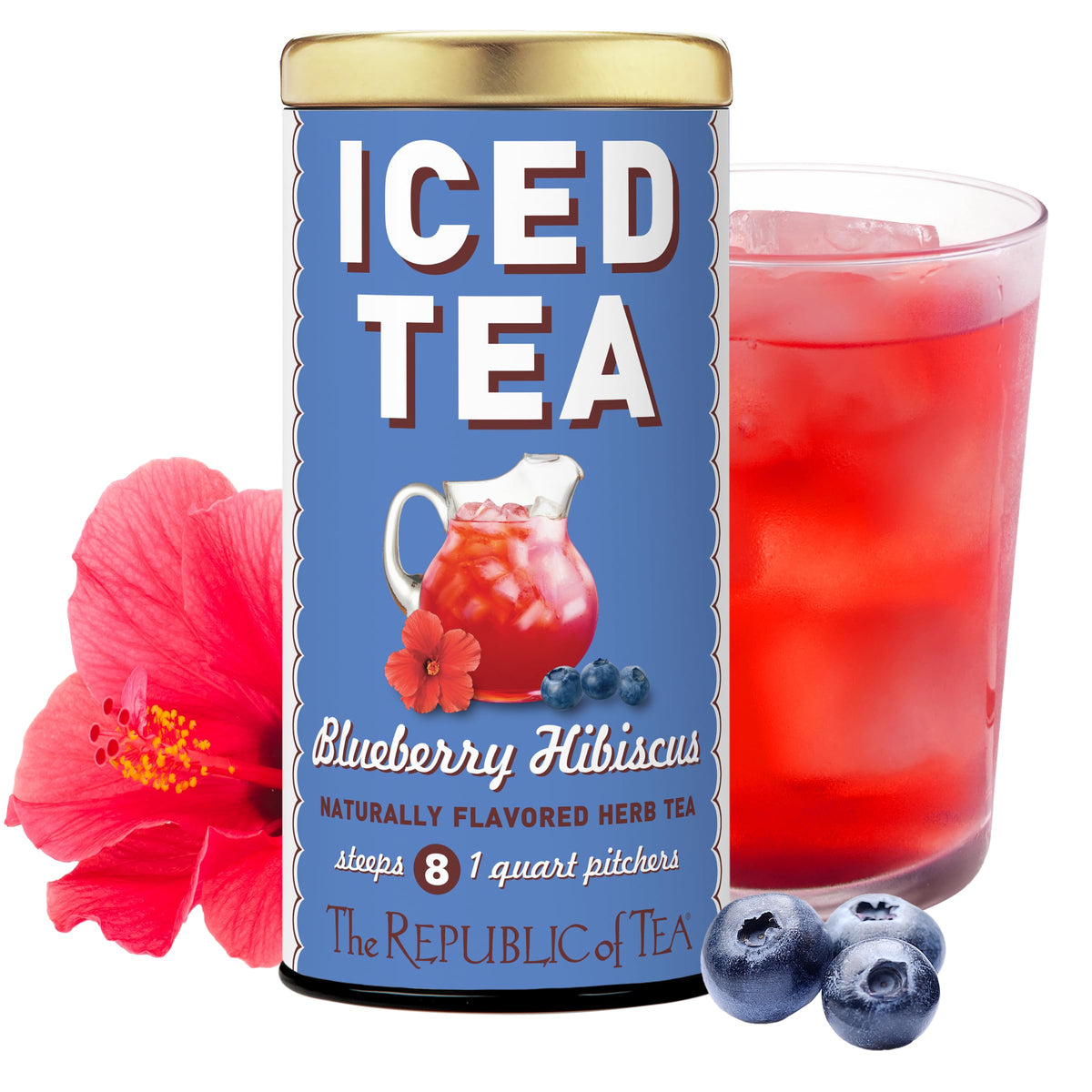 The Republic of Tea box front showing blueberry hibiscus iced tea benefits