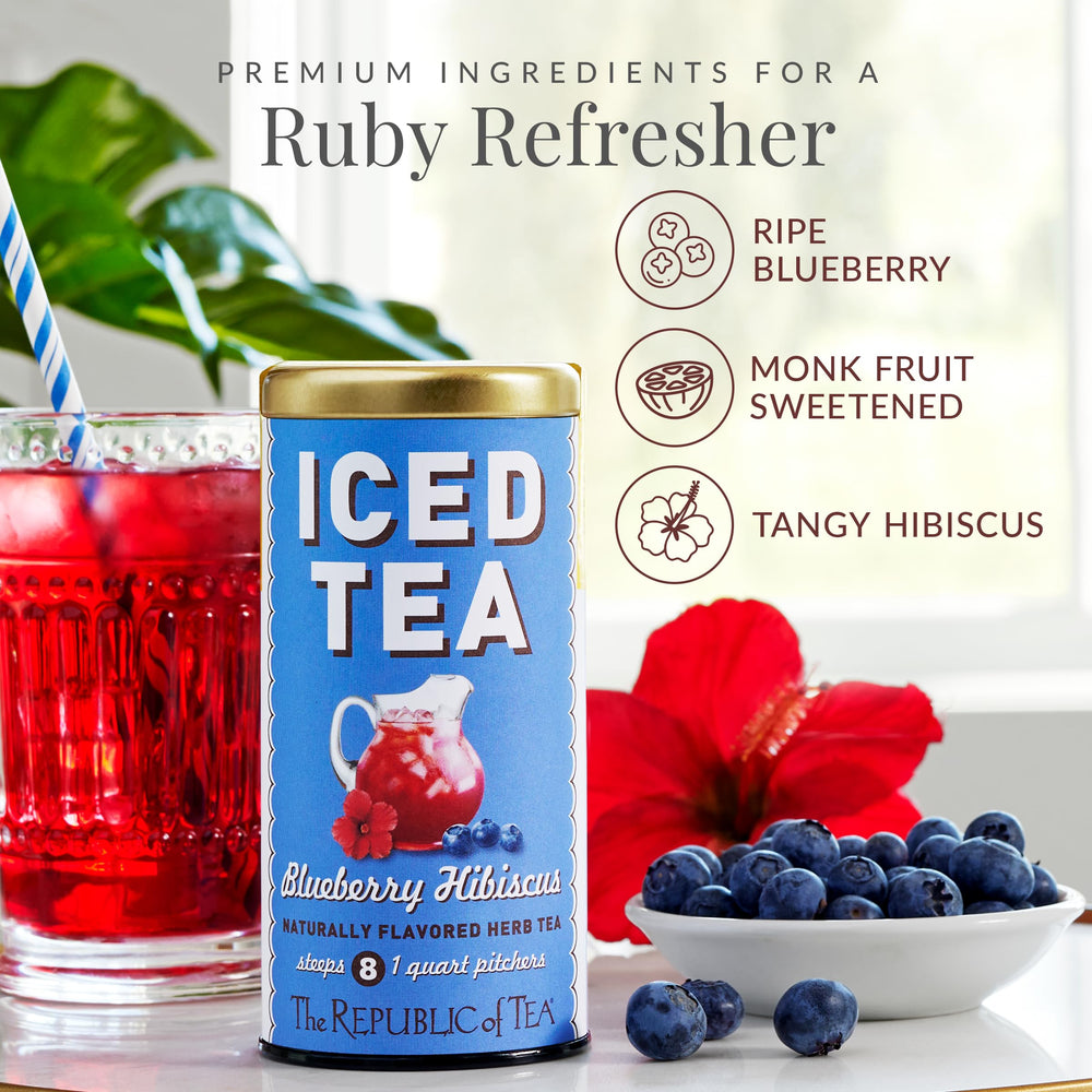 The Republic of Tea pouch close-up displaying unbleached iced tea pouch convenience