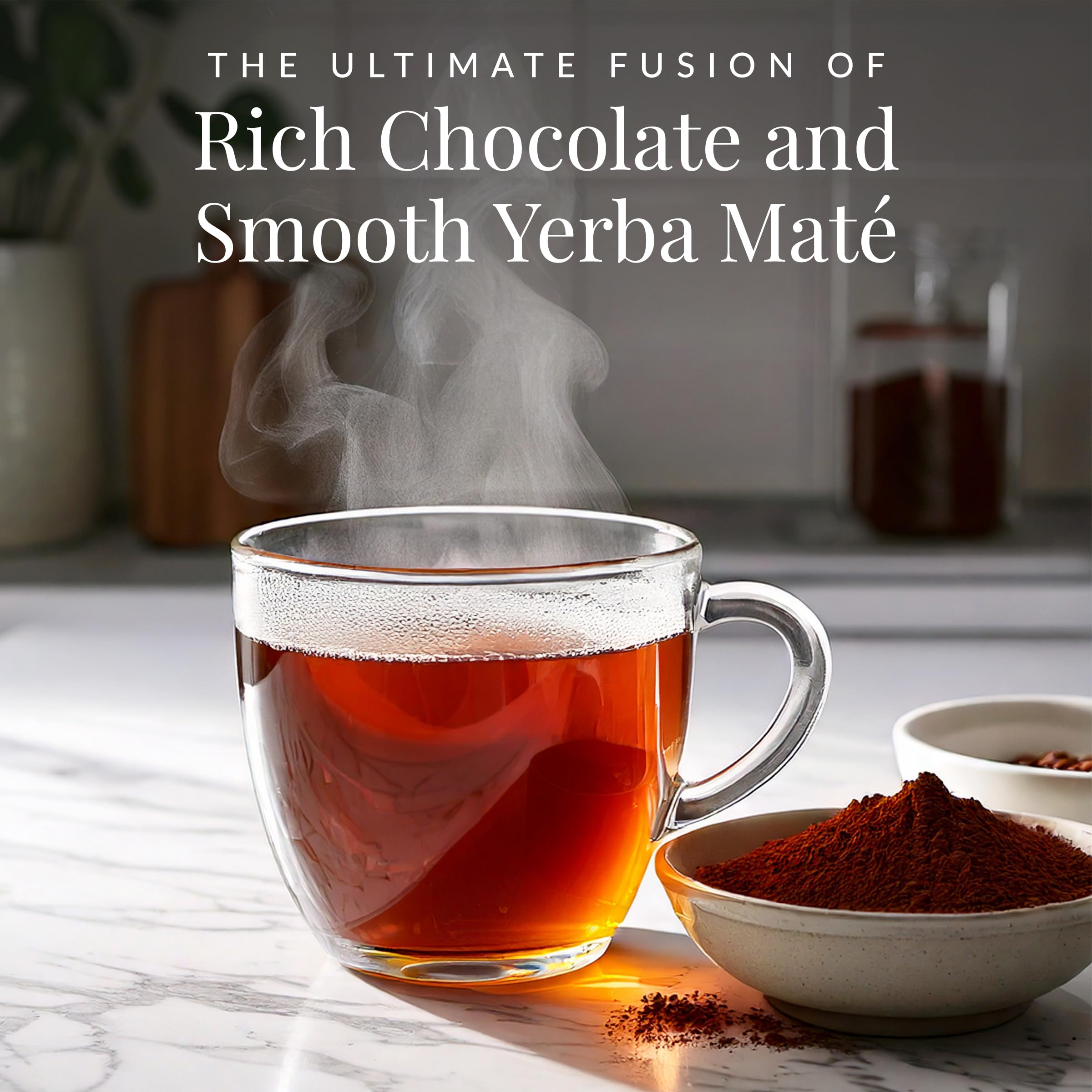 Brewed cup of double dark chocolate maté by The Republic of Tea showcasing rich color