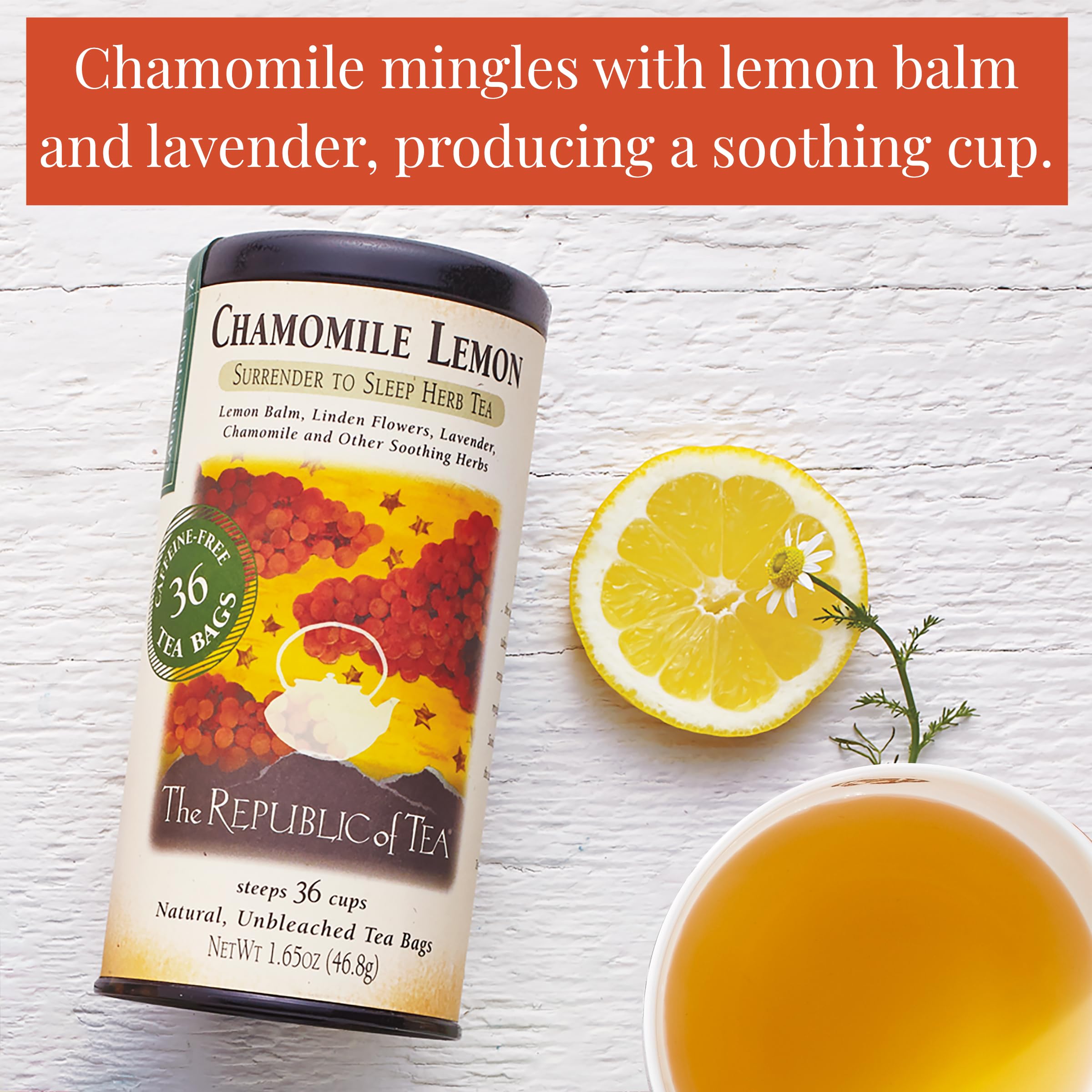 The Republic of Tea brewed cup with steam highlighting calming aromatic benefit
