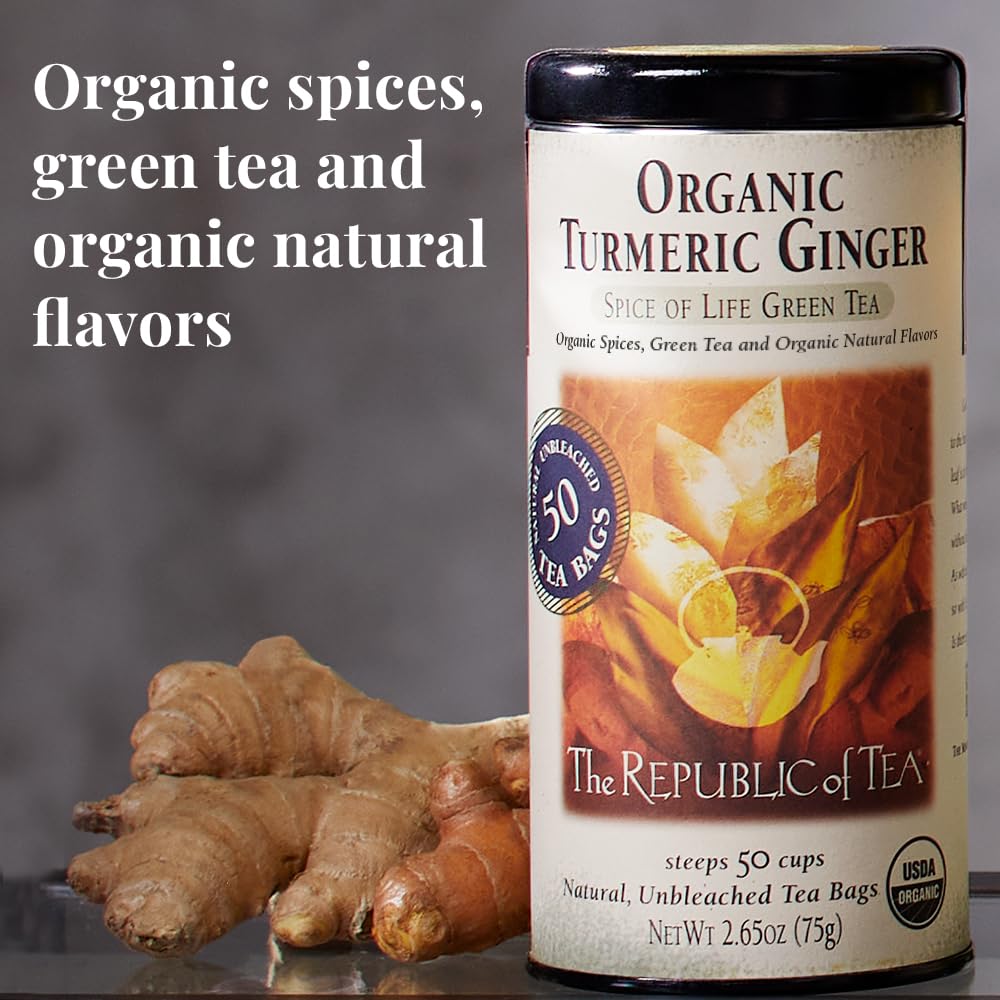 The Republic of Tea brewed cup steaming golden infusion, showcases vibrant color and clarity