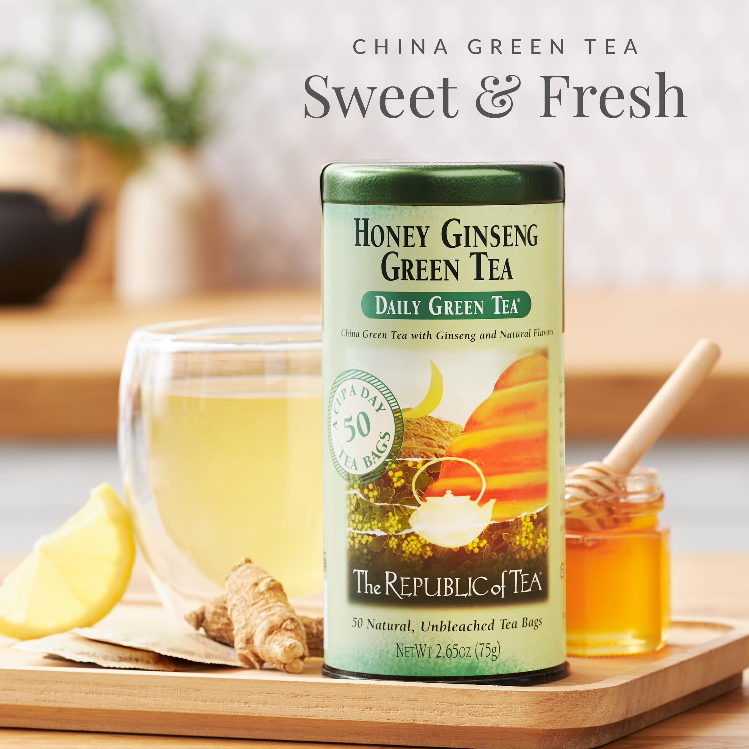 The Republic of Tea steaming cup of brewed tea showing calming warmth