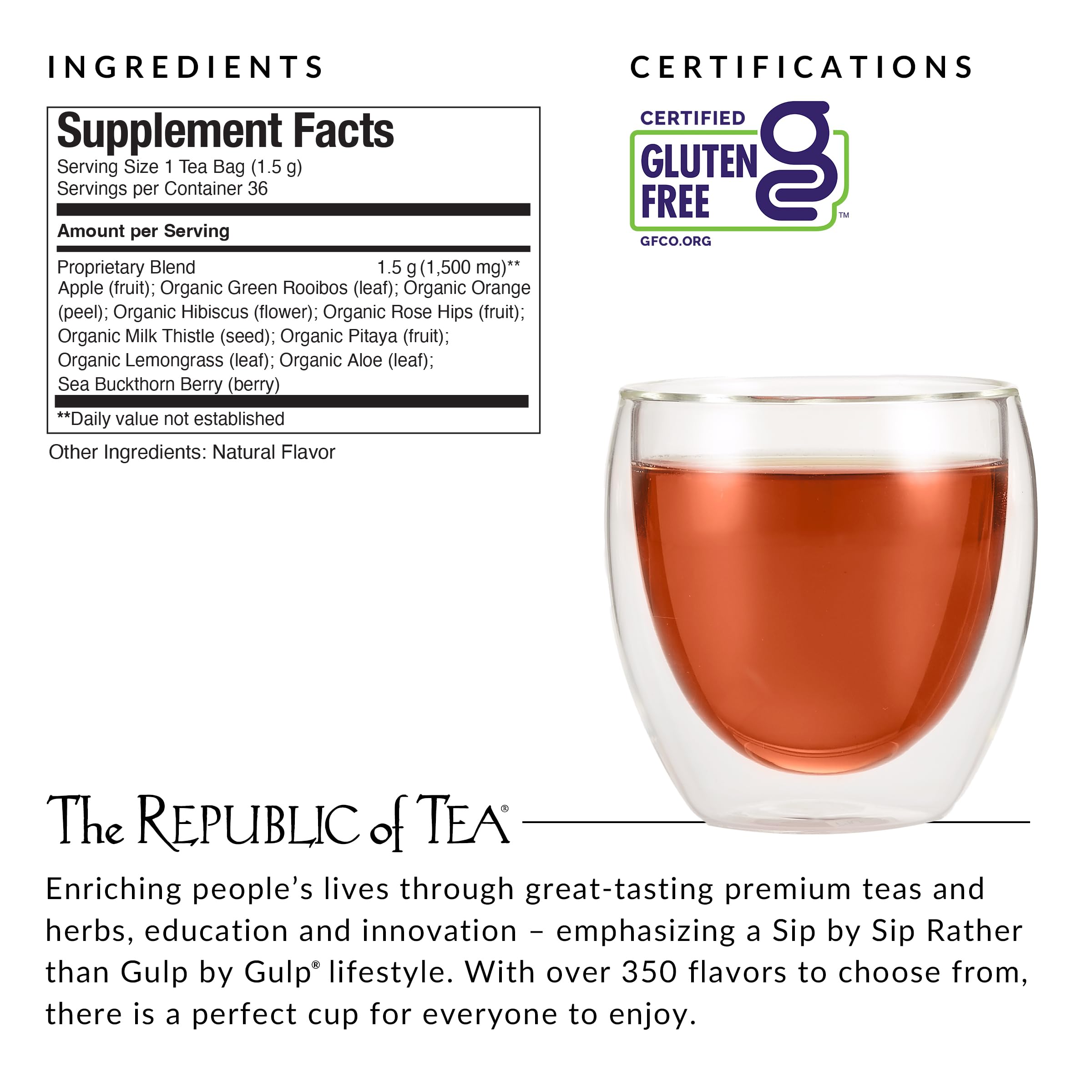 The Republic of Tea brewed cup top view illustrating color and soothing benefit