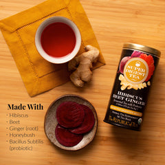 The Republic of Tea brewed cup displaying deep red infusion and vibrant flavor benefit