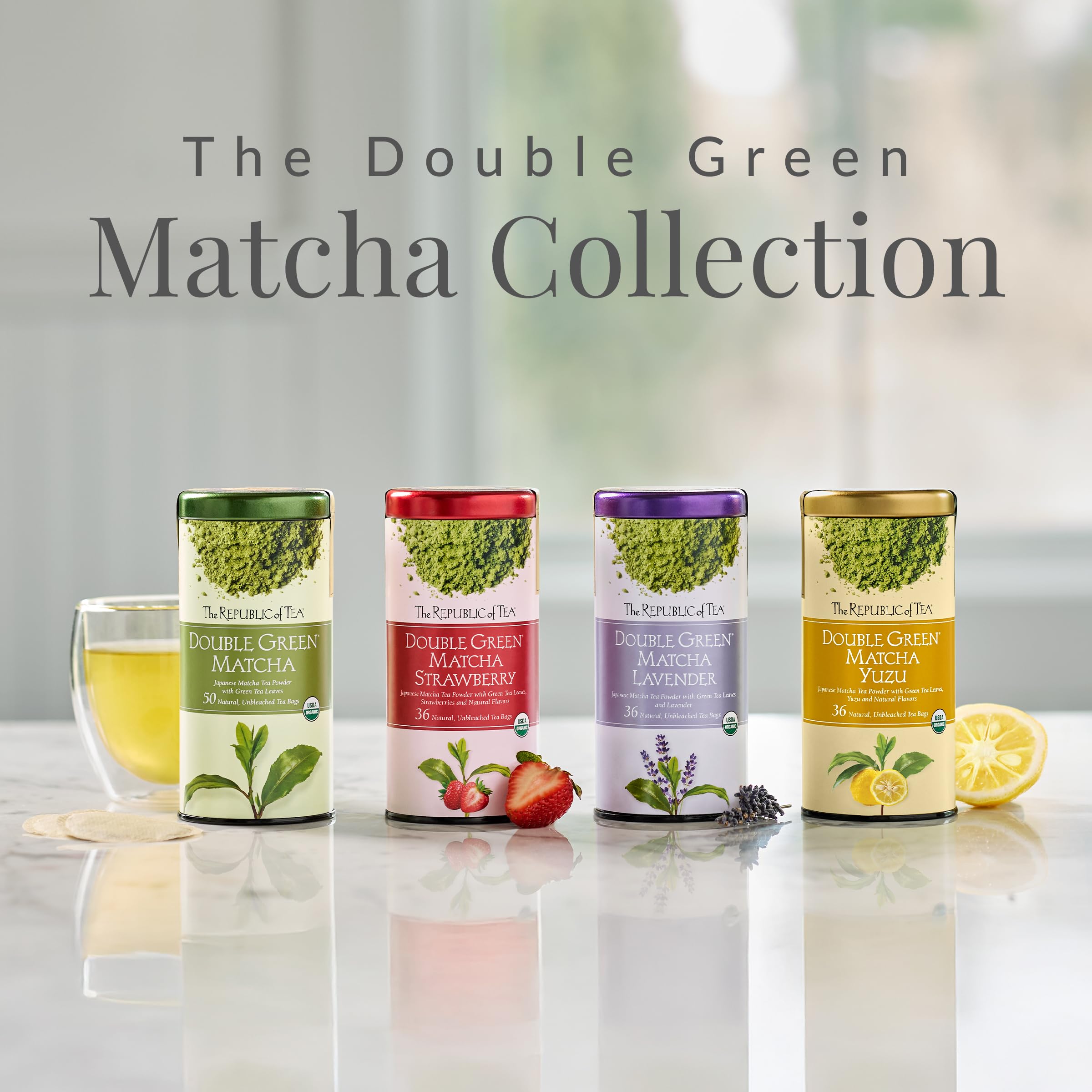 The Republic of Tea brewed cup with steam illustrating smooth floral-green flavor