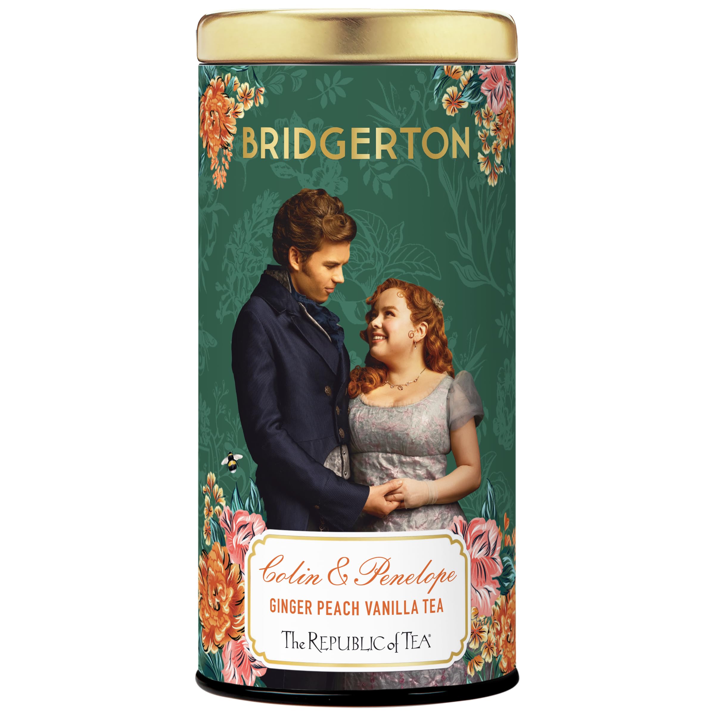 The Republic of Tea front packaging showing Bridgerton-inspired design and tea benefits