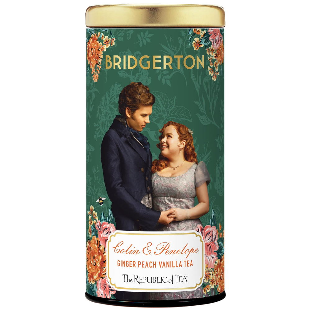 The Republic of Tea front packaging showing Bridgerton-inspired design and tea benefits
