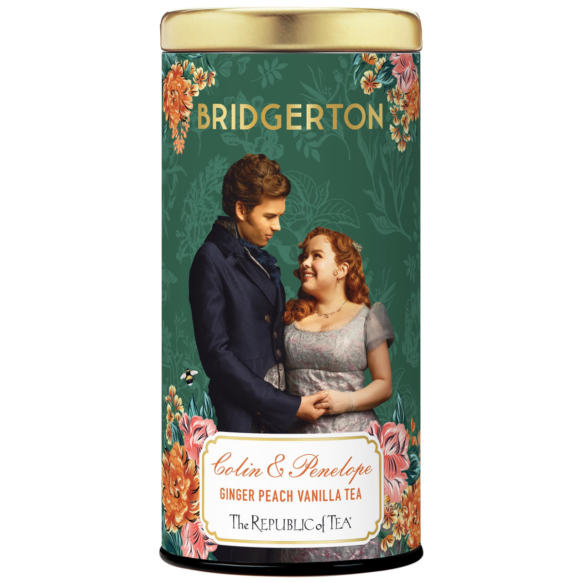The Republic of Tea front packaging showing Bridgerton-inspired design and tea benefits