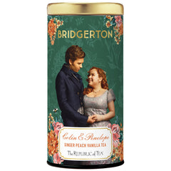 The Republic of Tea front packaging showing Bridgerton-inspired design and tea benefits