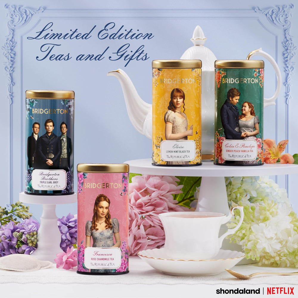 The Republic of Tea steeped cup releasing peach and ginger aromas for comforting sip