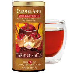 The Republic of Tea tin front showing caramel apple rooibos and freshness