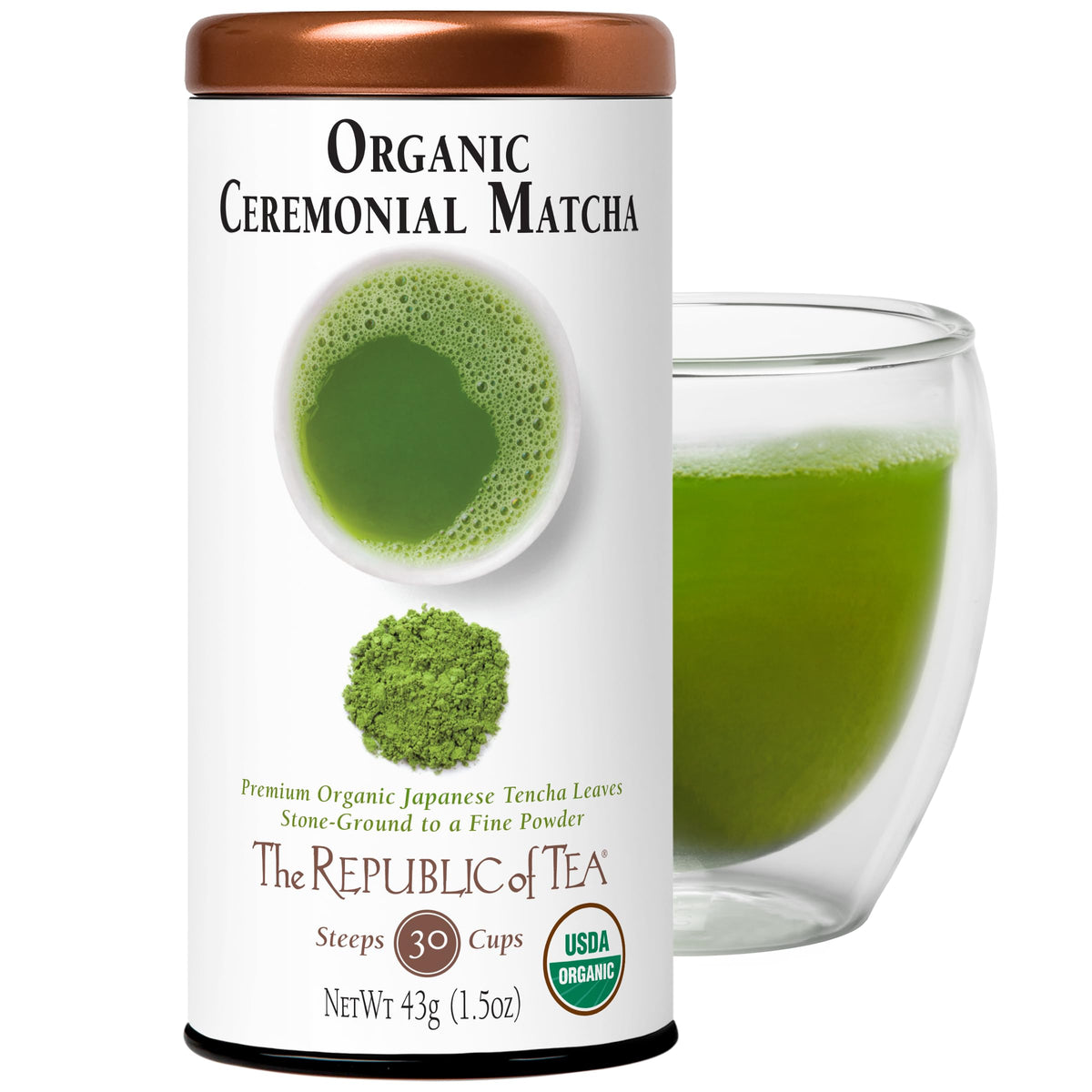 The Republic of Tea ceremonial matcha tin front showing branding and compact size benefit