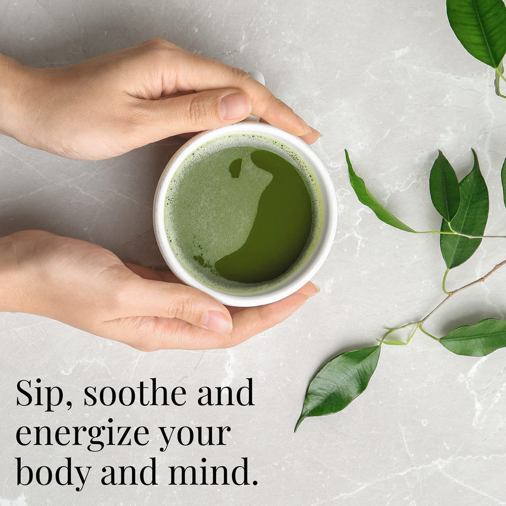 The Republic of Tea matcha powder close-up showing vivid green texture for smooth whisking