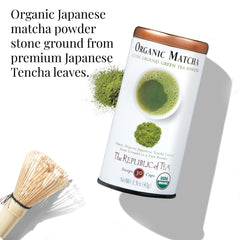 The Republic of Tea matcha whisked in bowl with froth showing creamy, no-astringency benefit