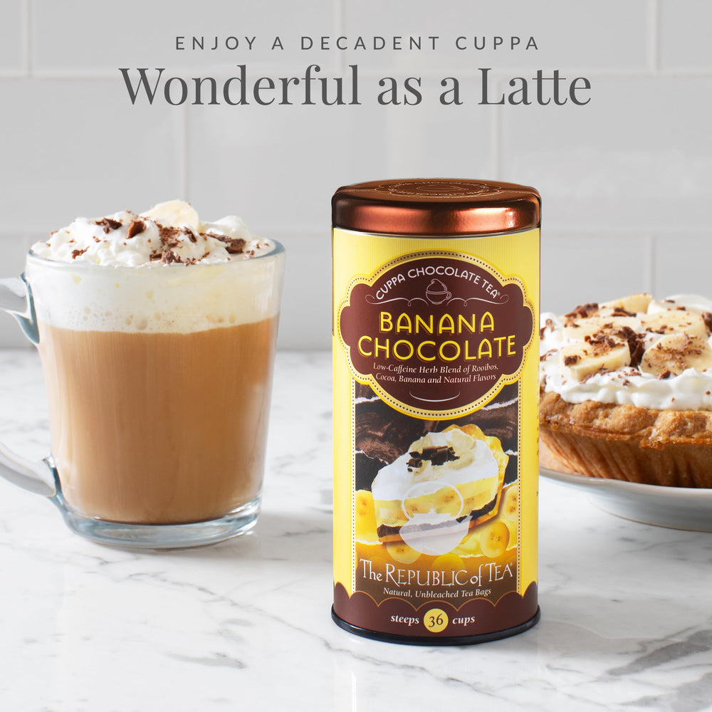 Steaming cup of brewed The Republic of Tea chocolate banana tea offering cozy comfort
