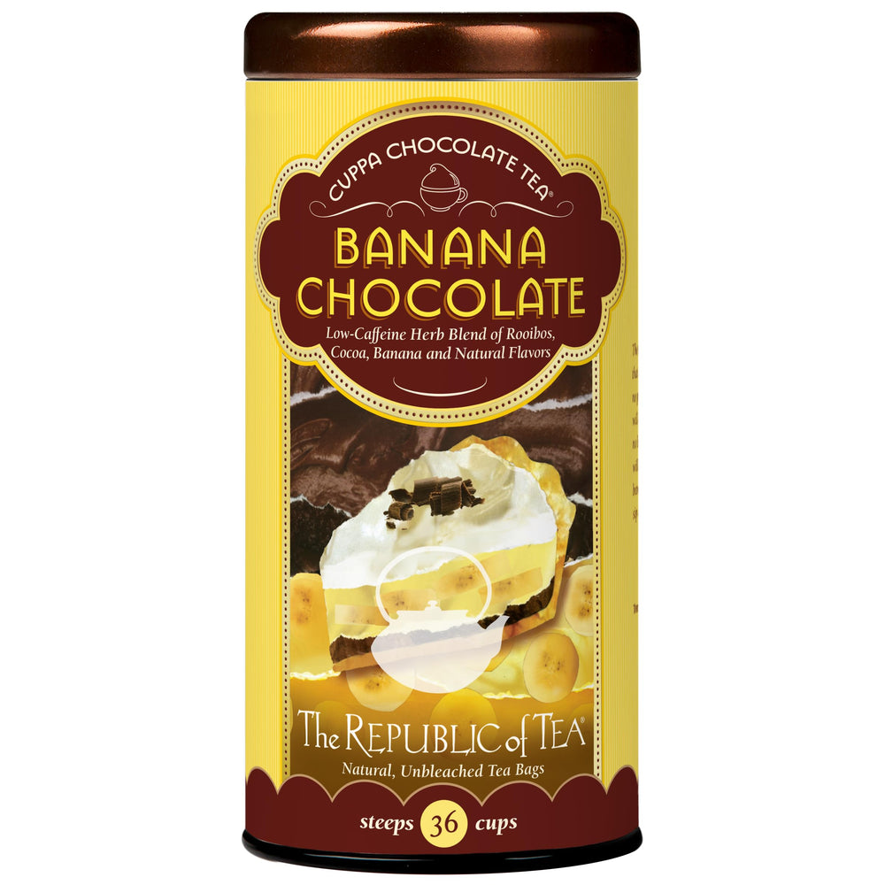 The Republic of Tea front packaging showing chocolate banana blend and 36 count convenience