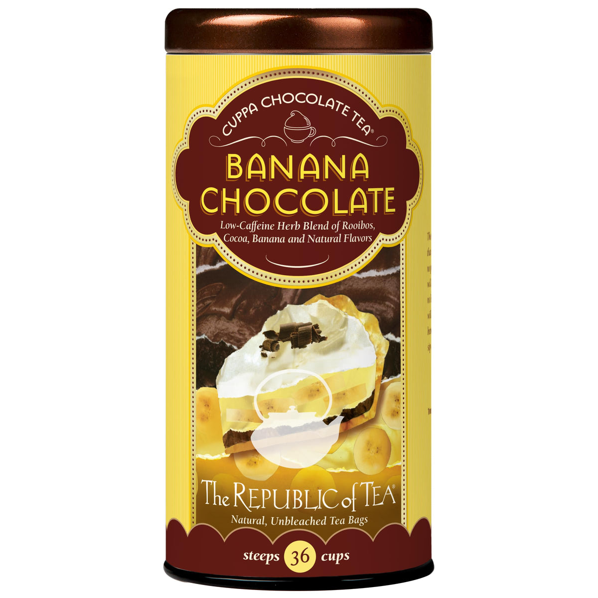 The Republic of Tea front packaging showing chocolate banana blend and 36 count convenience