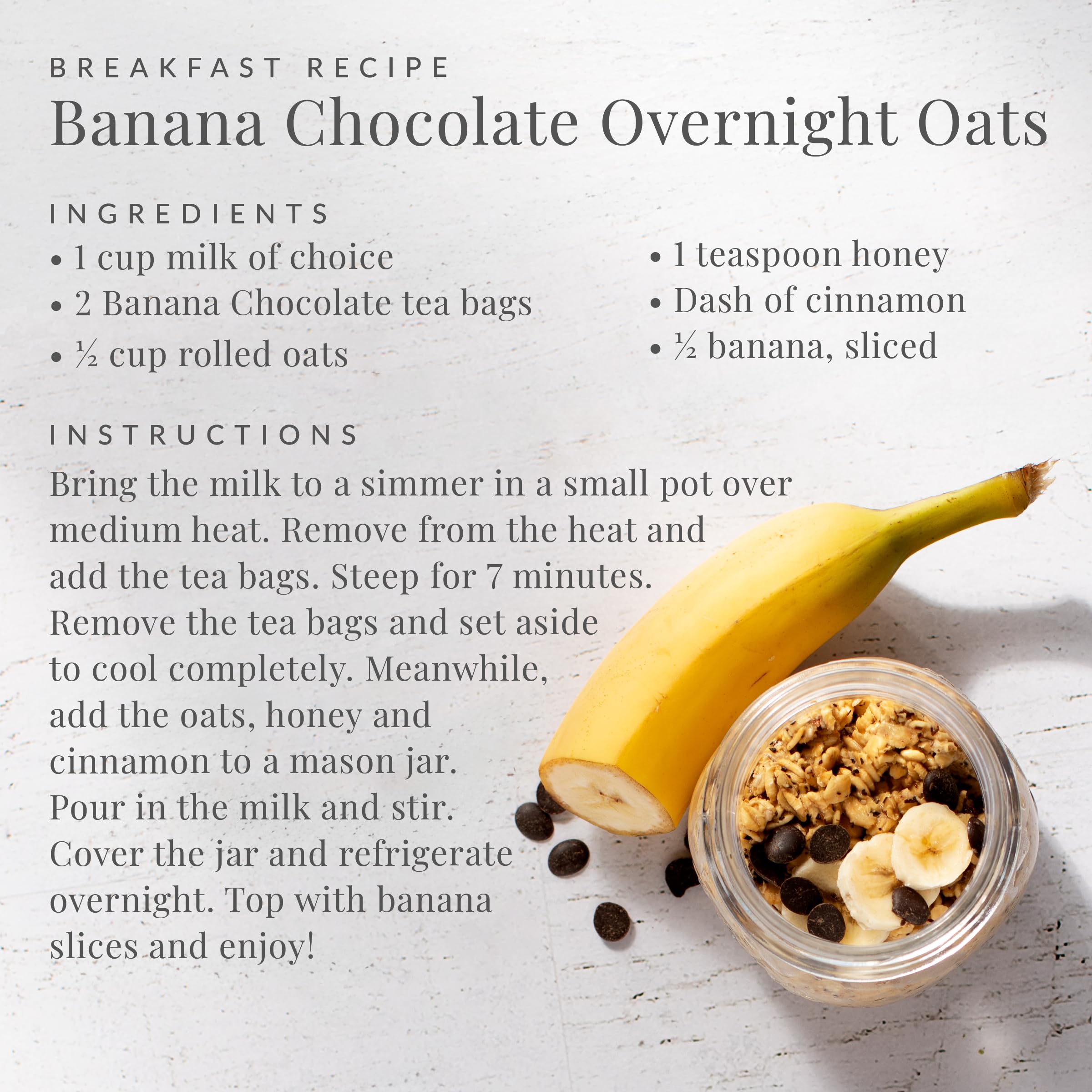 Flatlay of ingredients showing rooibos, cocoa kernels, and banana bits from The Republic of Tea