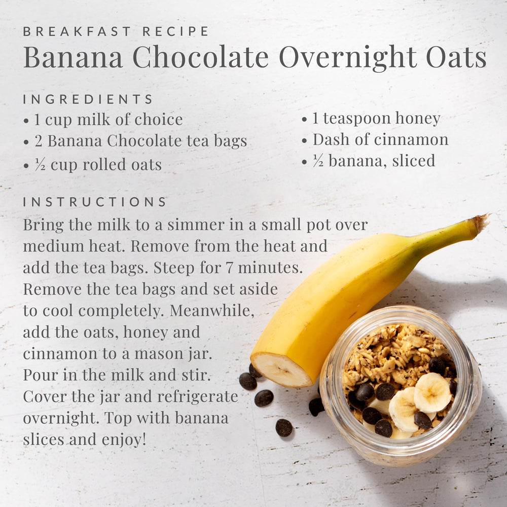 Flatlay of ingredients showing rooibos, cocoa kernels, and banana bits from The Republic of Tea