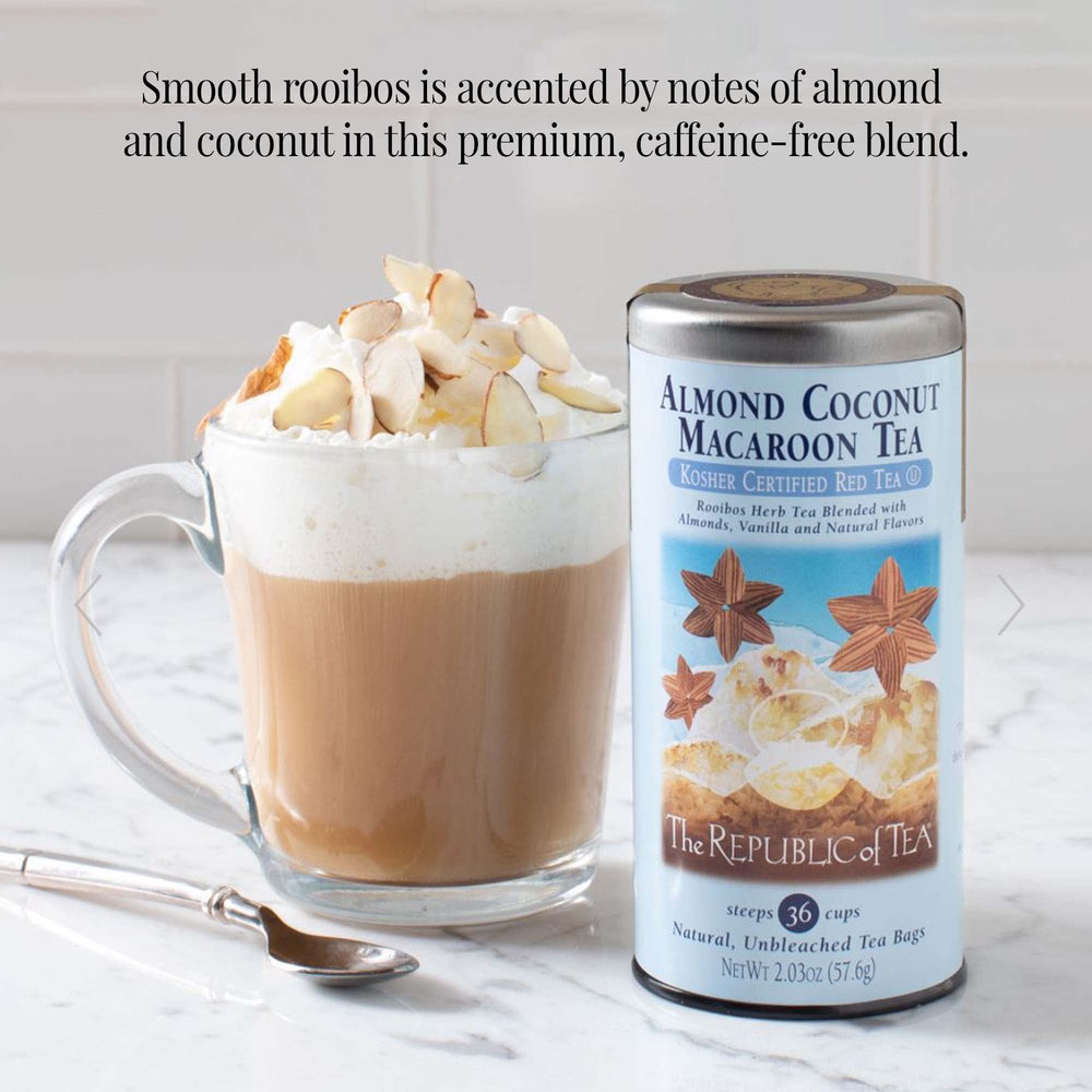 The Republic of Tea brewed cup on table showing warm almond coconut aroma enjoyment