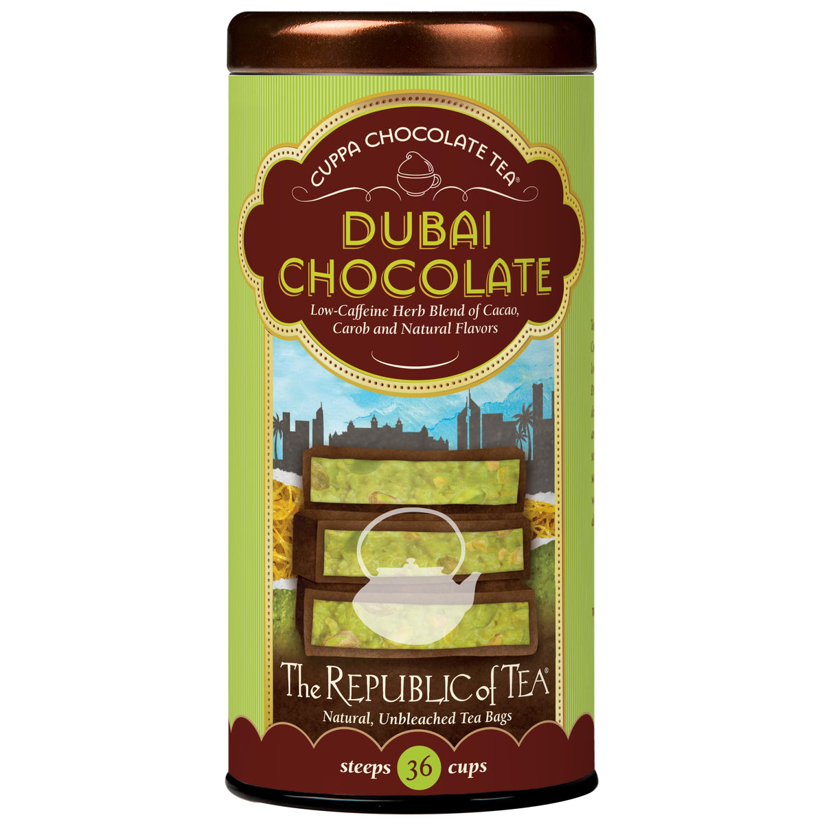 The Republic of Tea front box showing 36-count tin and branding, evokes premium gifting