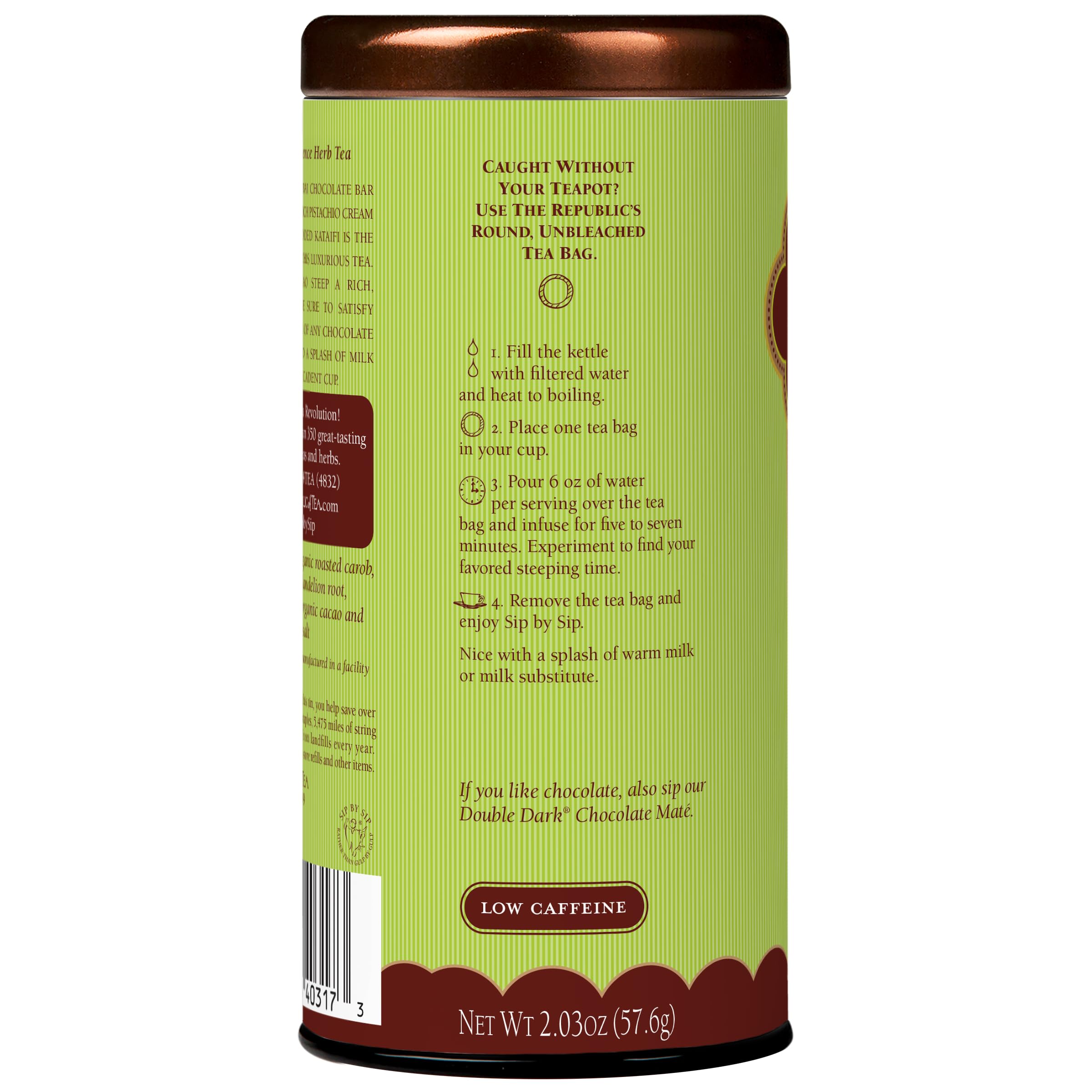 The Republic of Tea loose ingredients display of roasted carob and cacao, shows flavor origins
