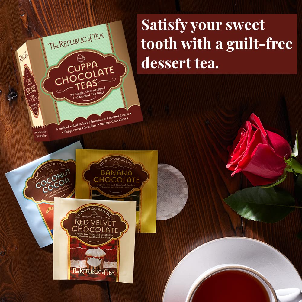 The Republic of Tea open box showing individually wrapped Cuppa Chocolate tea bags