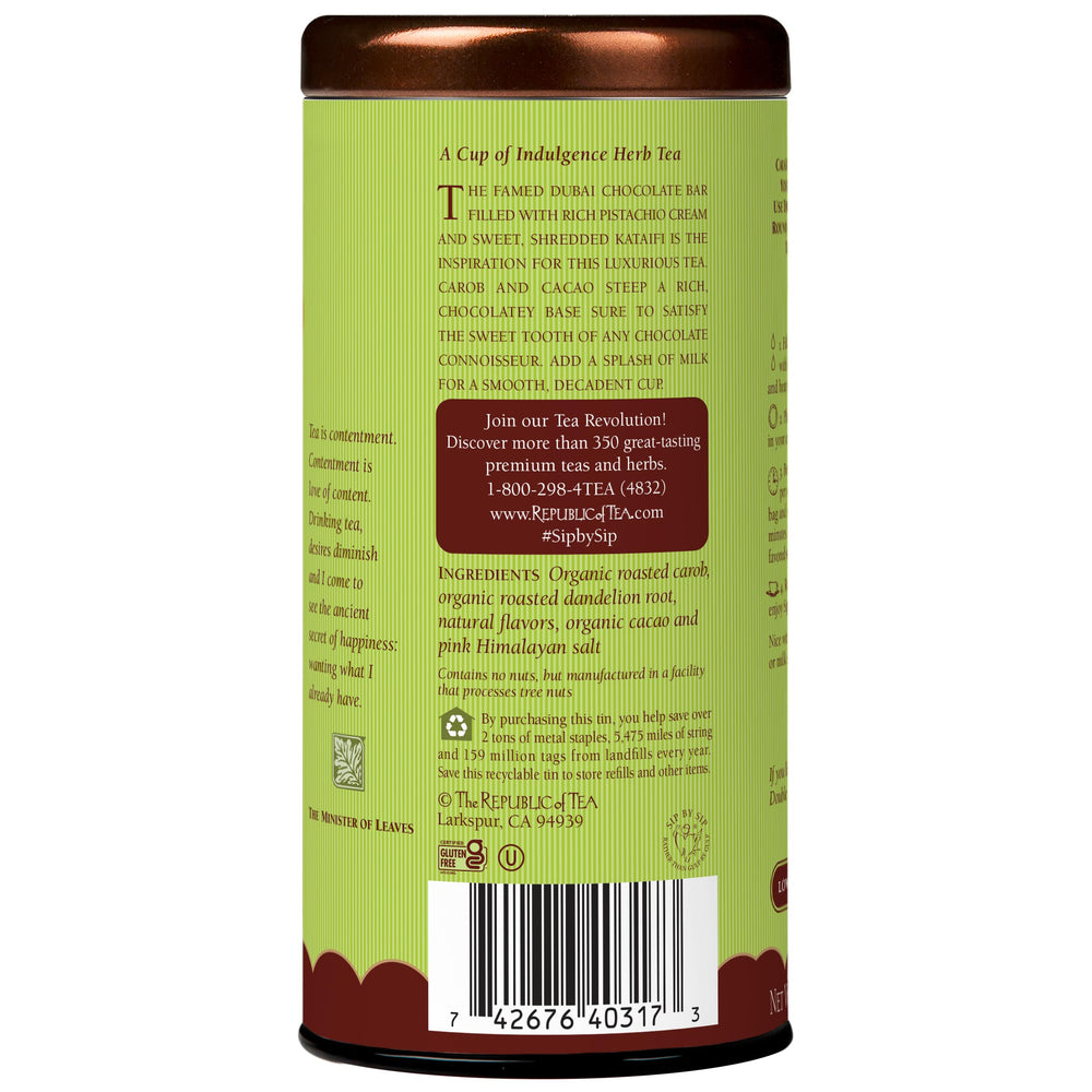 The Republic of Tea pouring brewed cup to showcase rich chocolatey color and aroma