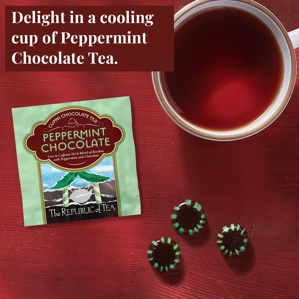 The Republic of Tea spoon of red rooibos leaves and cocoa pieces illustrating natural ingredients