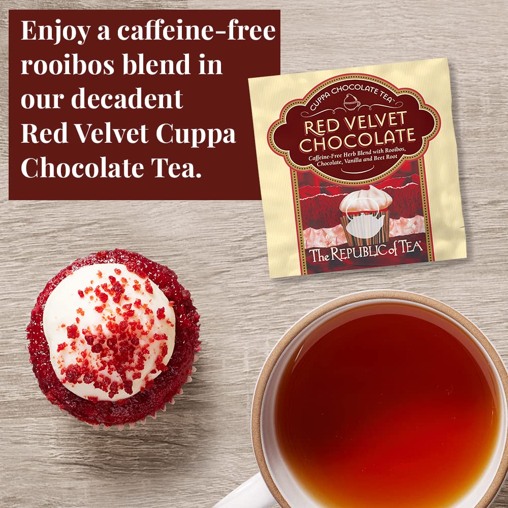 The Republic of Tea close-up of a single tea bag revealing cocoa flecks for rich flavor