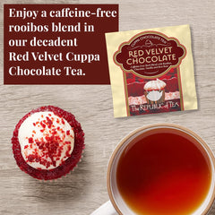 The Republic of Tea close-up of a single tea bag revealing cocoa flecks for rich flavor