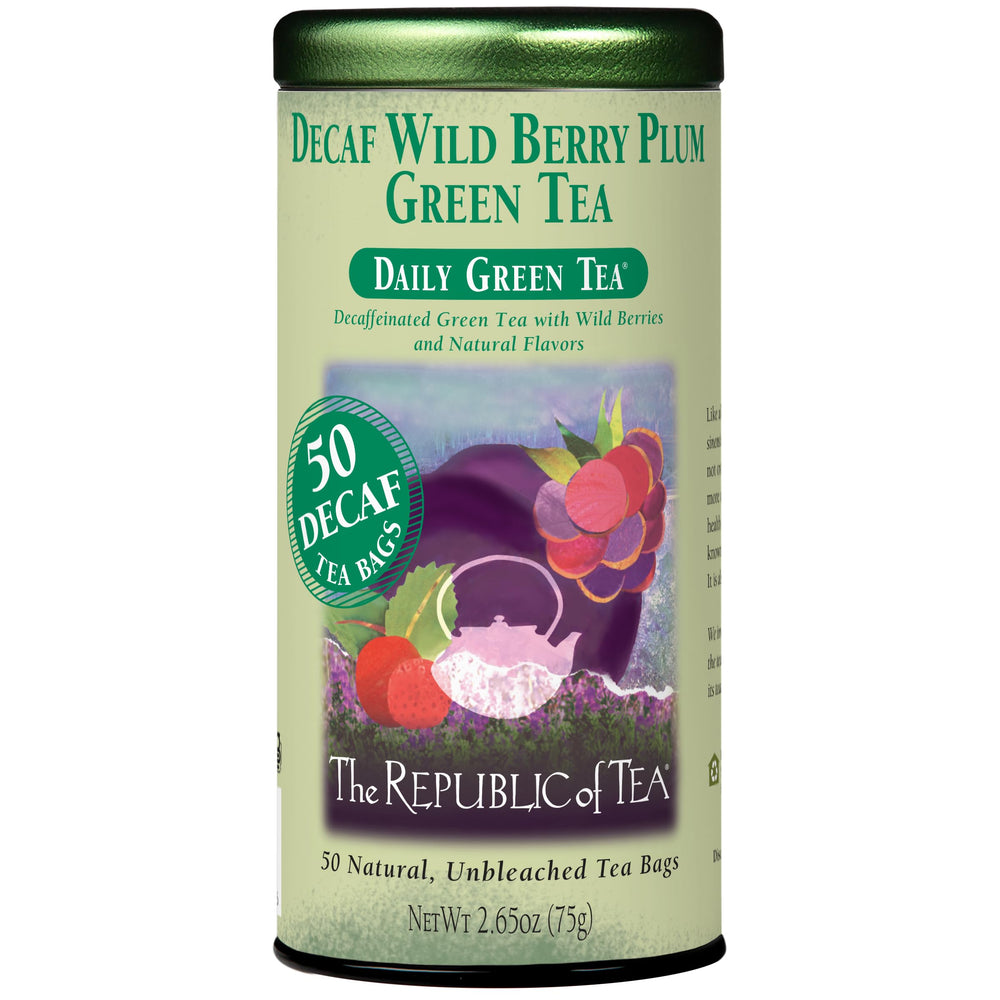 The Republic of Tea front packaging showing wild berry plum label and 50 count for clear product info